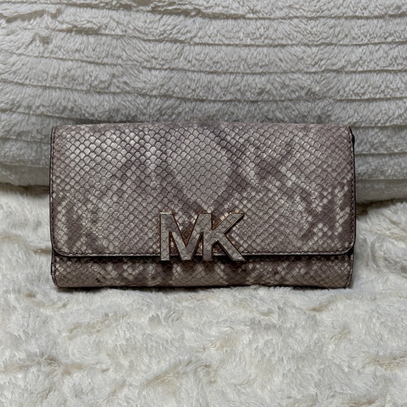 Michael Kors Accessories - Michael Kors Snake-Embossed Taupe Bi-fold Wallet with Gold MK Logo